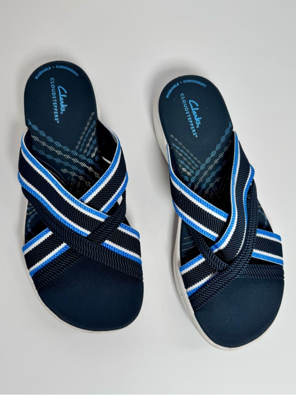 Clarks Cloudsteppers Navy Blue Striped Crossband Sandals